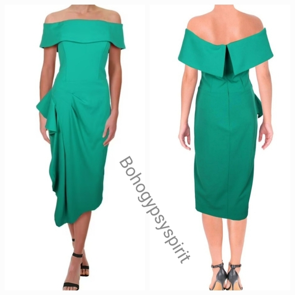 $239 Midi Green Off the Shoulder Scuba Crepe Side Ruched Dress - Picture 3 of 13